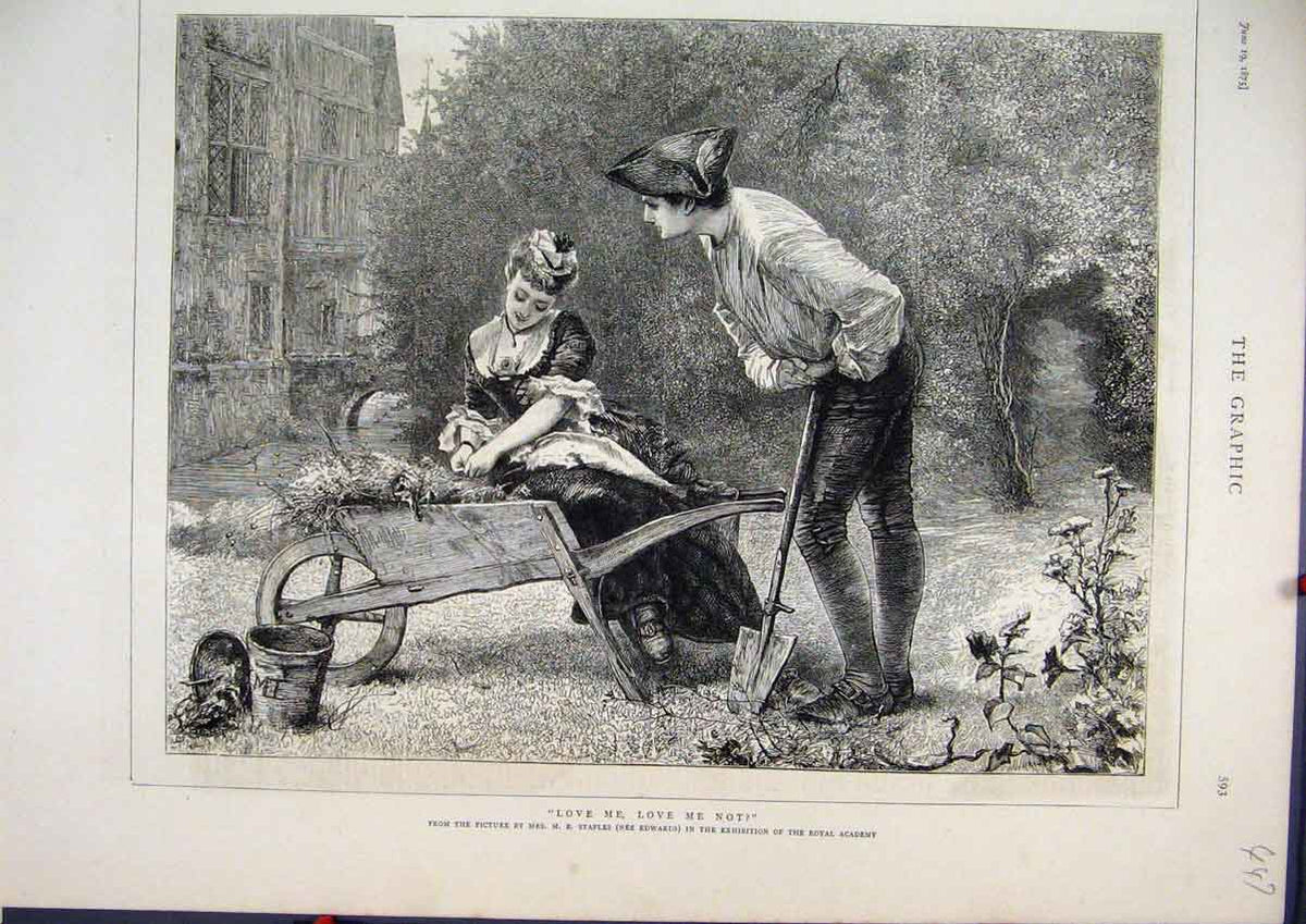 Original Old Antique Print 1875 Man Woman Wheel Barrow Garden Romance Digging