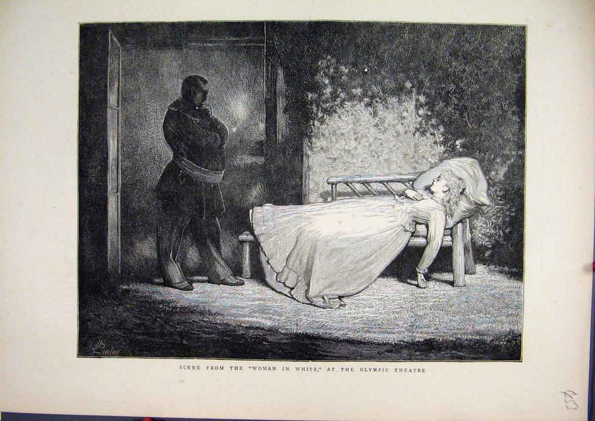 Original Old Antique Print Scene From Woman In White Olympic Theatre 1871 Sleep