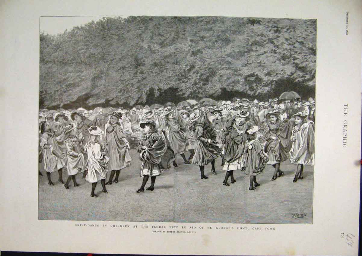 Old Antique Print 1892 Skirt Dance Children Floral Fete George Home Cape 19th
