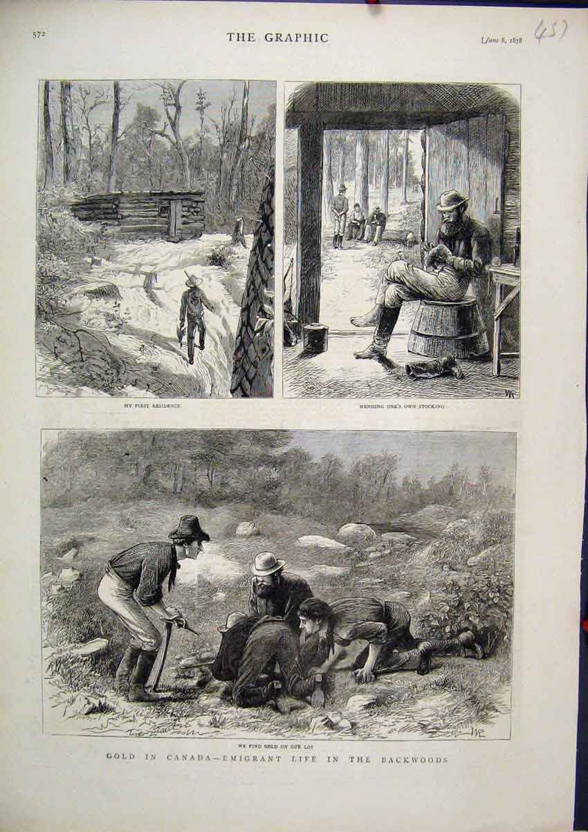 Original Old Antique Print 1878 GCanada Emigrant Life Backwoods House Woods