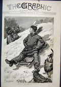 Original Old Antique Print 1891 Boy Sledging Snow Chickens Men Working Winter