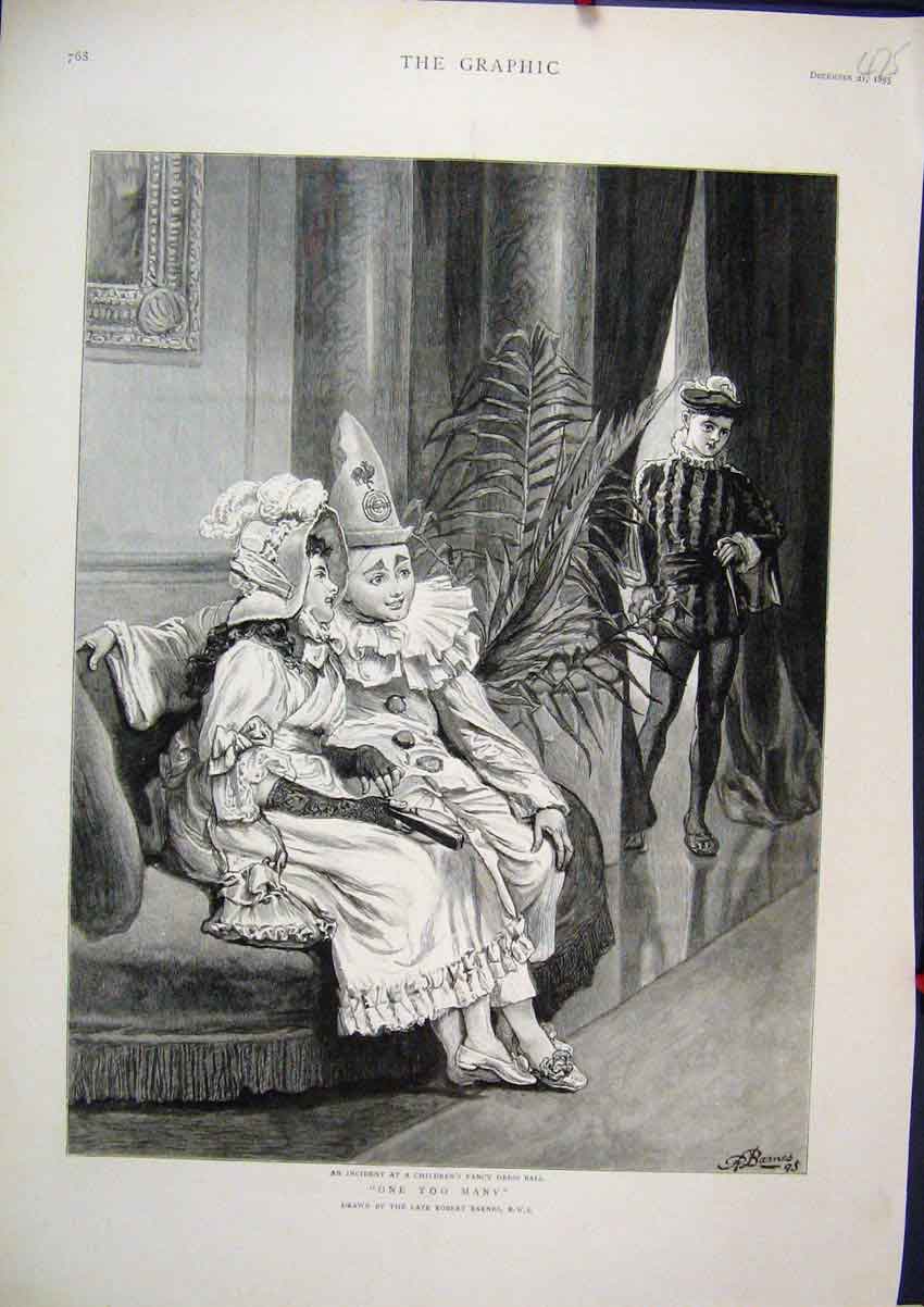 Original Old Antique Print 1895 Clowns Dressing Up Fancy Dress Ball Victorian
