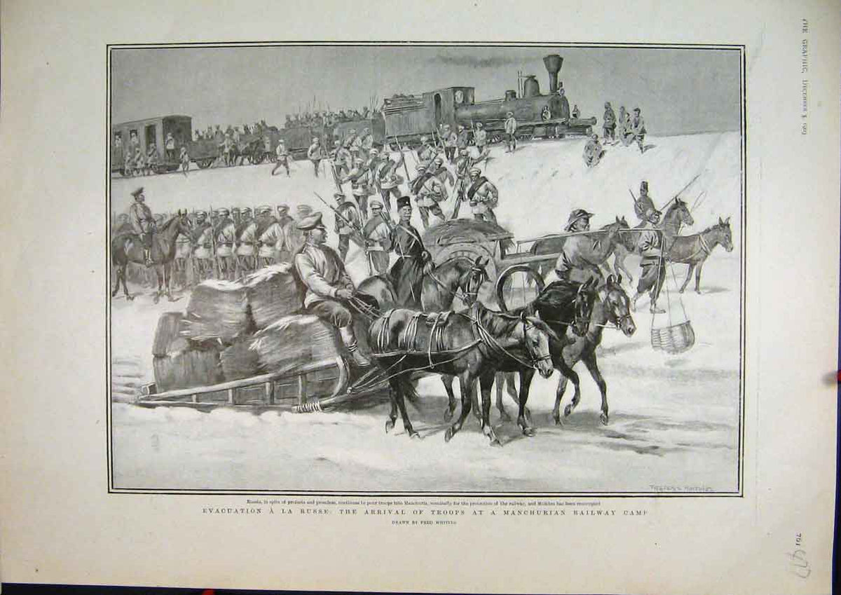 Original Old Antique Print 1903 Evacuation La Russe Troops Manchurain Railway