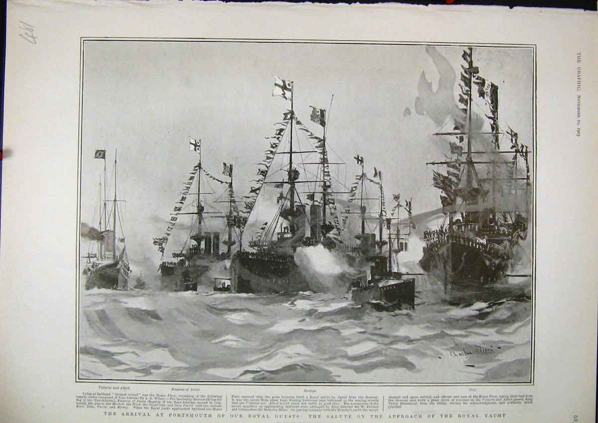 Original Old Antique Print 1903 Portsmouth Royal Guests Salute Approach Yacht