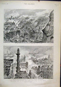 Old Antique Print Great Fire City Birds-Eye View Ruins 1897 Giles Church 19th
