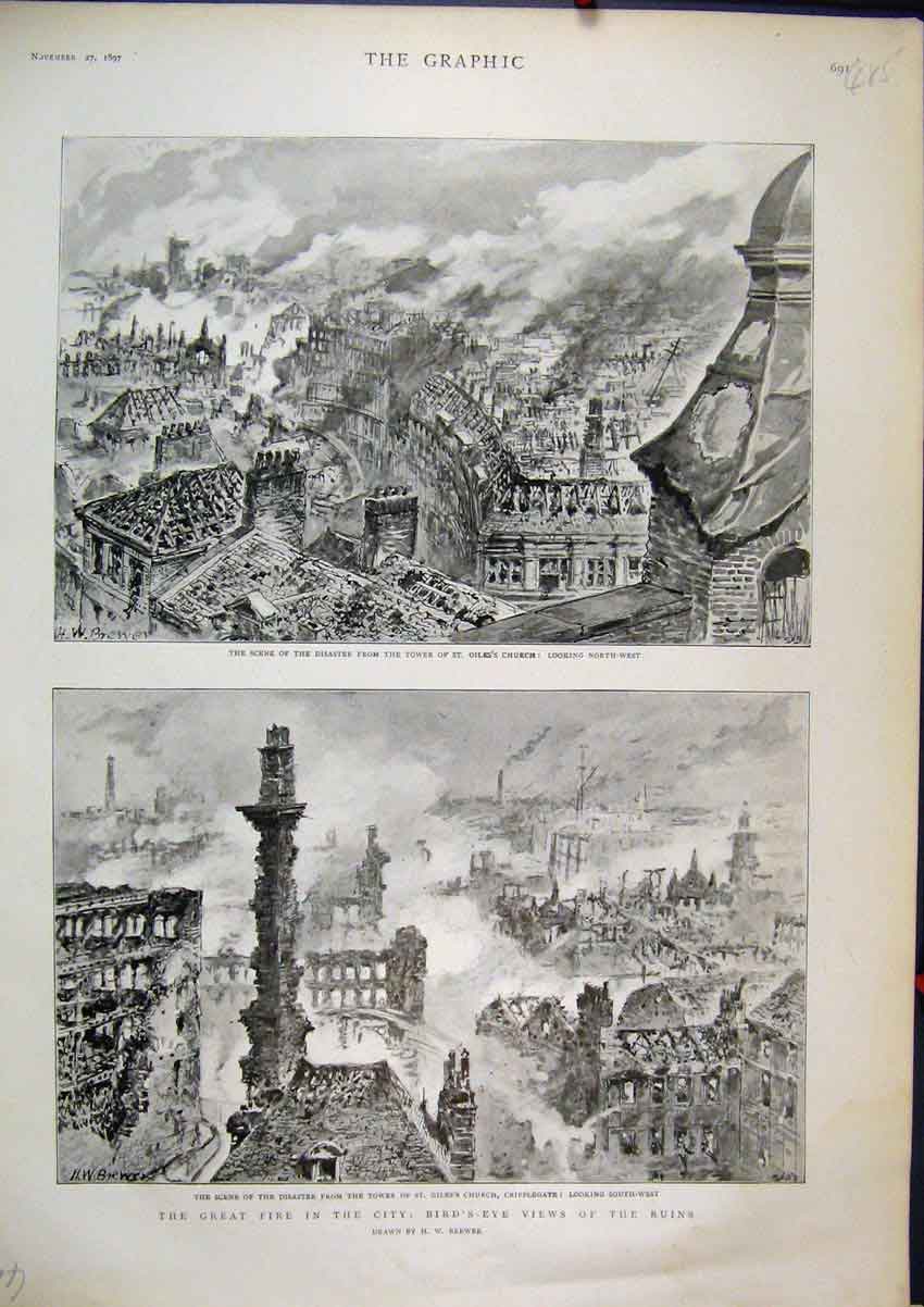 Old Antique Print Great Fire City Birds-Eye View Ruins 1897 Giles Church 19th