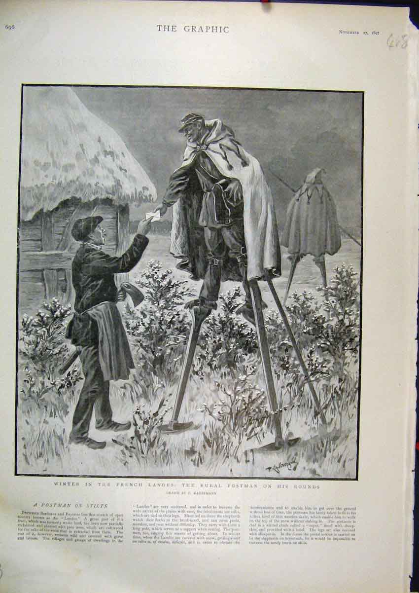Old Antique Print 1897 Winter French Landes Rural Postman Stilts Rounds 19th