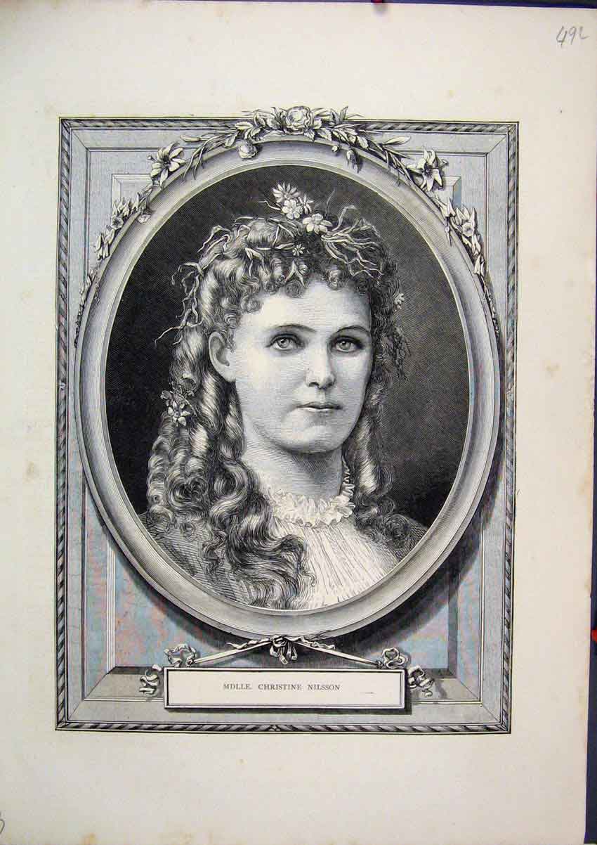 Original Old Antique Print Portrait Beautiful Mdlle Christine Nilsson 1870 19th