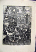 Original Old Antique Print 1870 Smoking Concert Wandering Minstrels Music Men