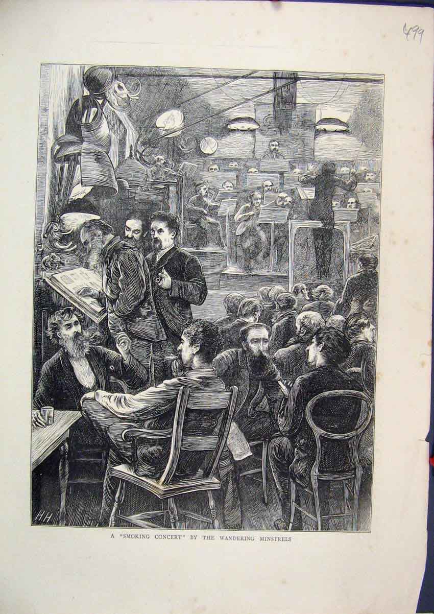 Original Old Antique Print 1870 Smoking Concert Wandering Minstrels Music Men