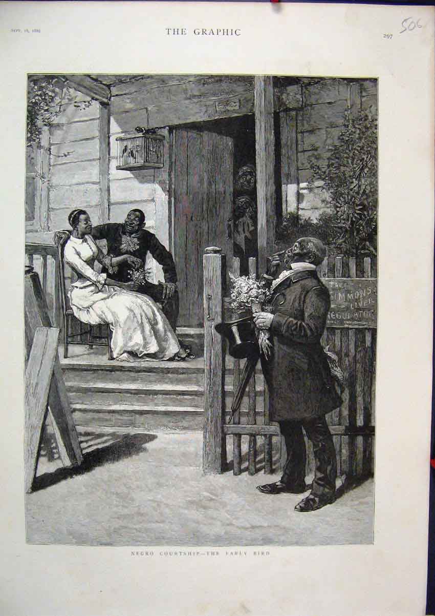 Original Old Antique Print 1886 Negro Courtship Men Bringing Flowers Romance