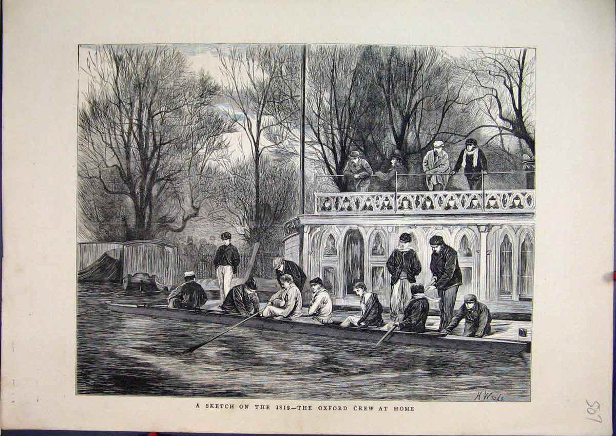 Original Old Antique Print 1871 Sketch Isis River Oxford Crew Boat Men Trees