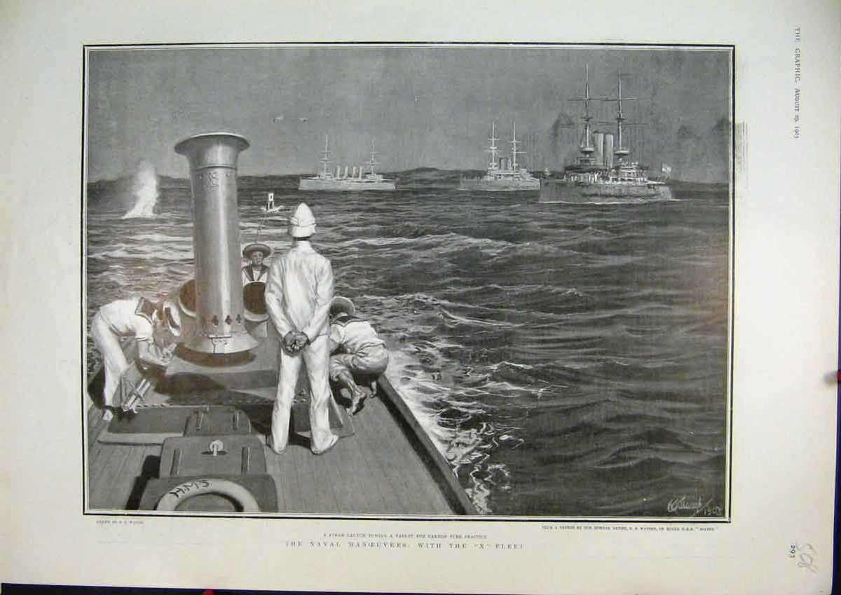 Original Old Antique Print 1903 Steam Boat Naval Manouvres X-Fleet Ship Cannon