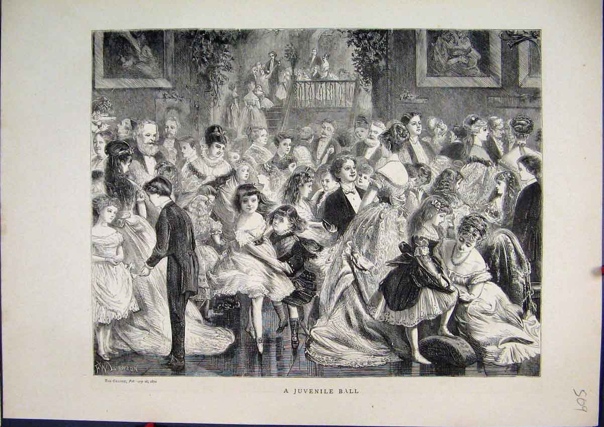 Original Old Antique Print Juvenile Ball Families Dancing Party 1870 Victorian