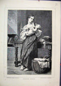 Original Old Antique Print 1871 Woman Baby Basket Table Beautiful Antque 19th