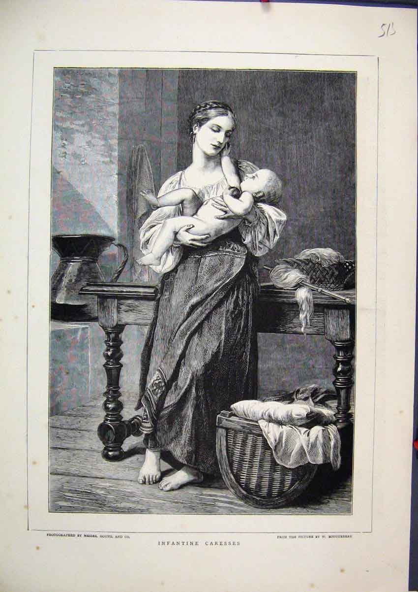 Original Old Antique Print 1871 Woman Baby Basket Table Beautiful Antque 19th