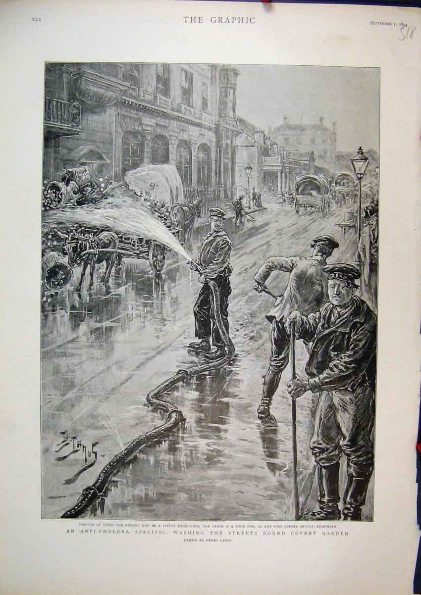 Original Old Antique Print 1894 Anti-Cholera Men Washing Streets Covent Garden
