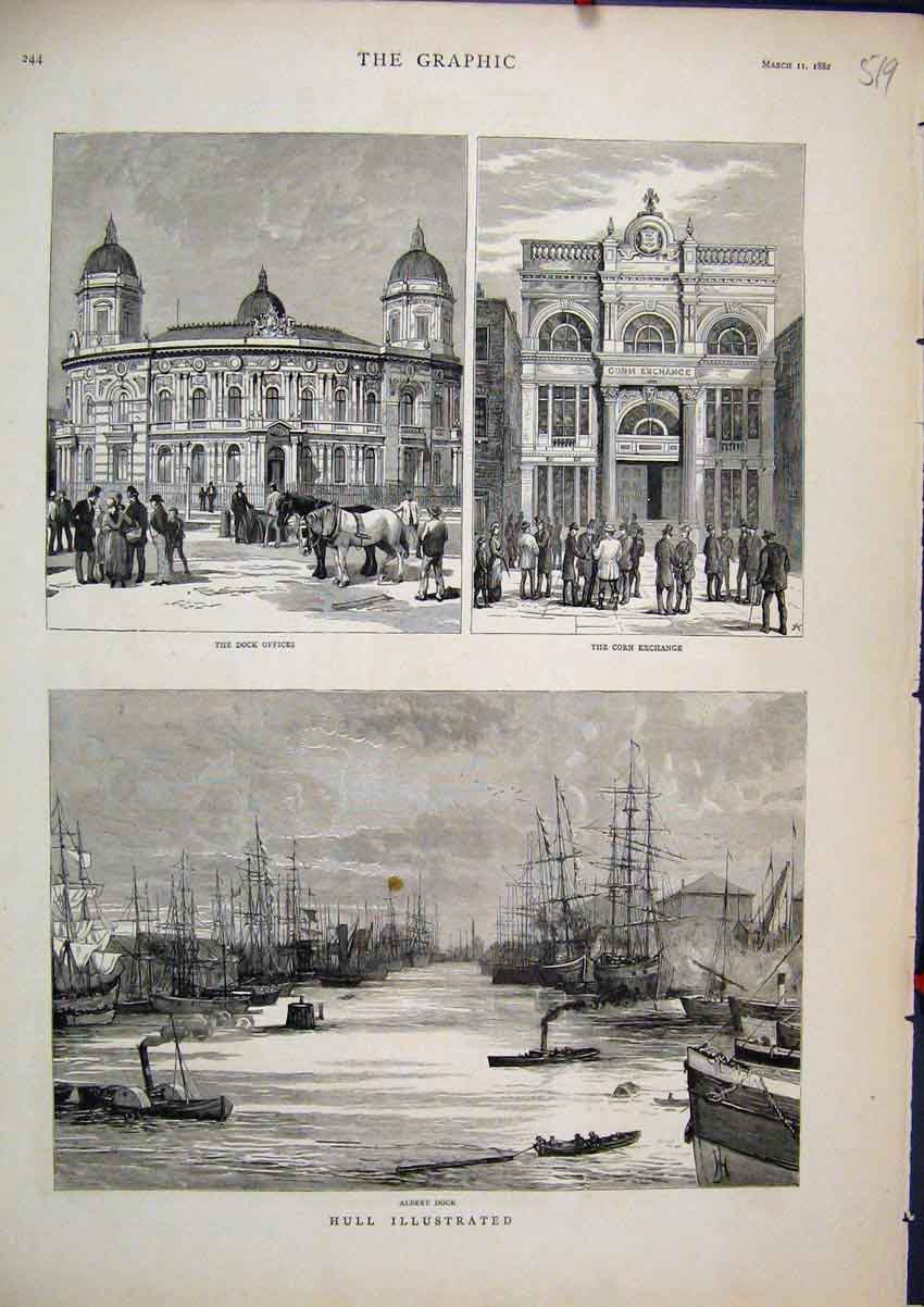 Original Old Antique Print 1882 Hull Dock Offices Corn Exchange Albert Ships