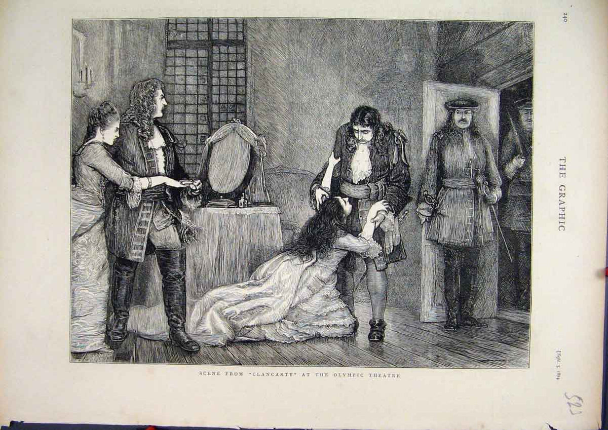 Original Old Antique Print 1874 Scene Clancarty Olympic Theatre Begging Woman