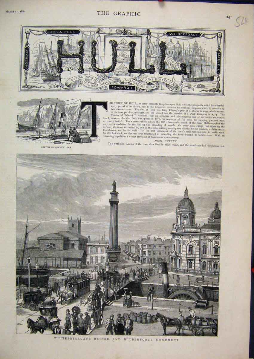Original Old Antique Print Whitefriargate Bridge Wilbeerforce Monument 1882