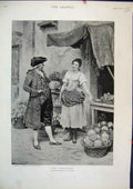 Original Old Antique Print Connoisseur 1894 Woman Selling Fruit Flowers Market