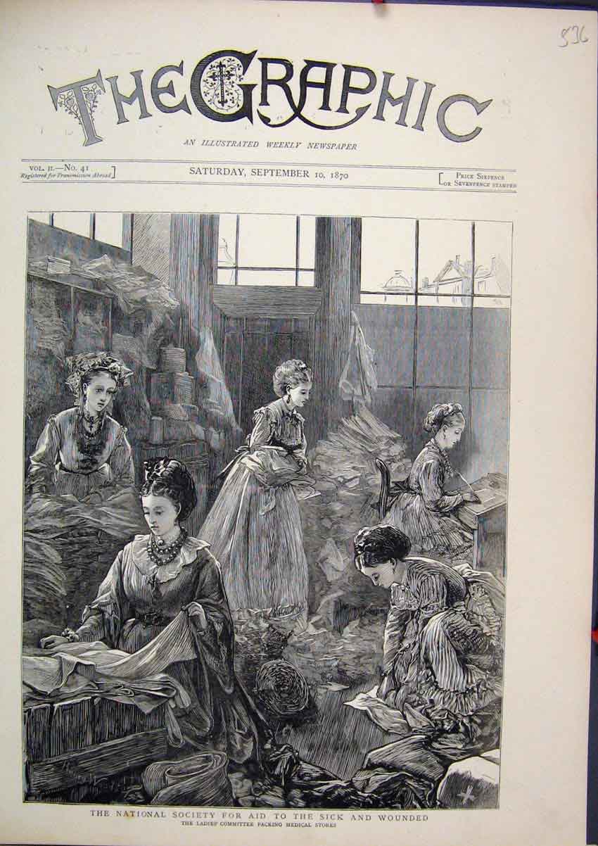 Old Antique Print National Society Aid Sick Wounded 1870 Ladies Committee 19th