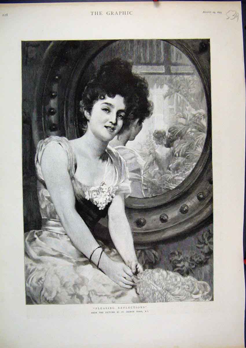 Original Old Antique Print 1893 Portrait Beautiful Women Mirror Reflection Hare