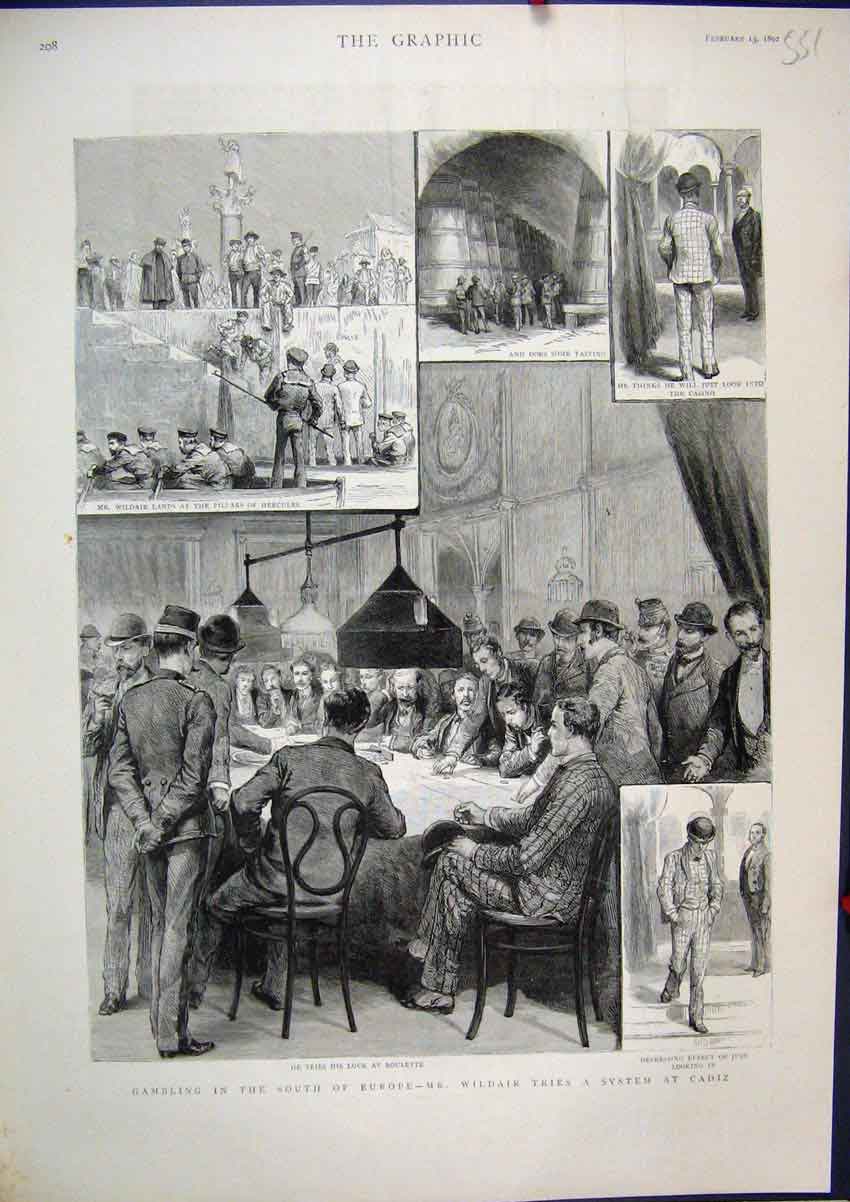 Old Antique Print Gambling South Europe Wildair Tries System Cadiz 1892 19th