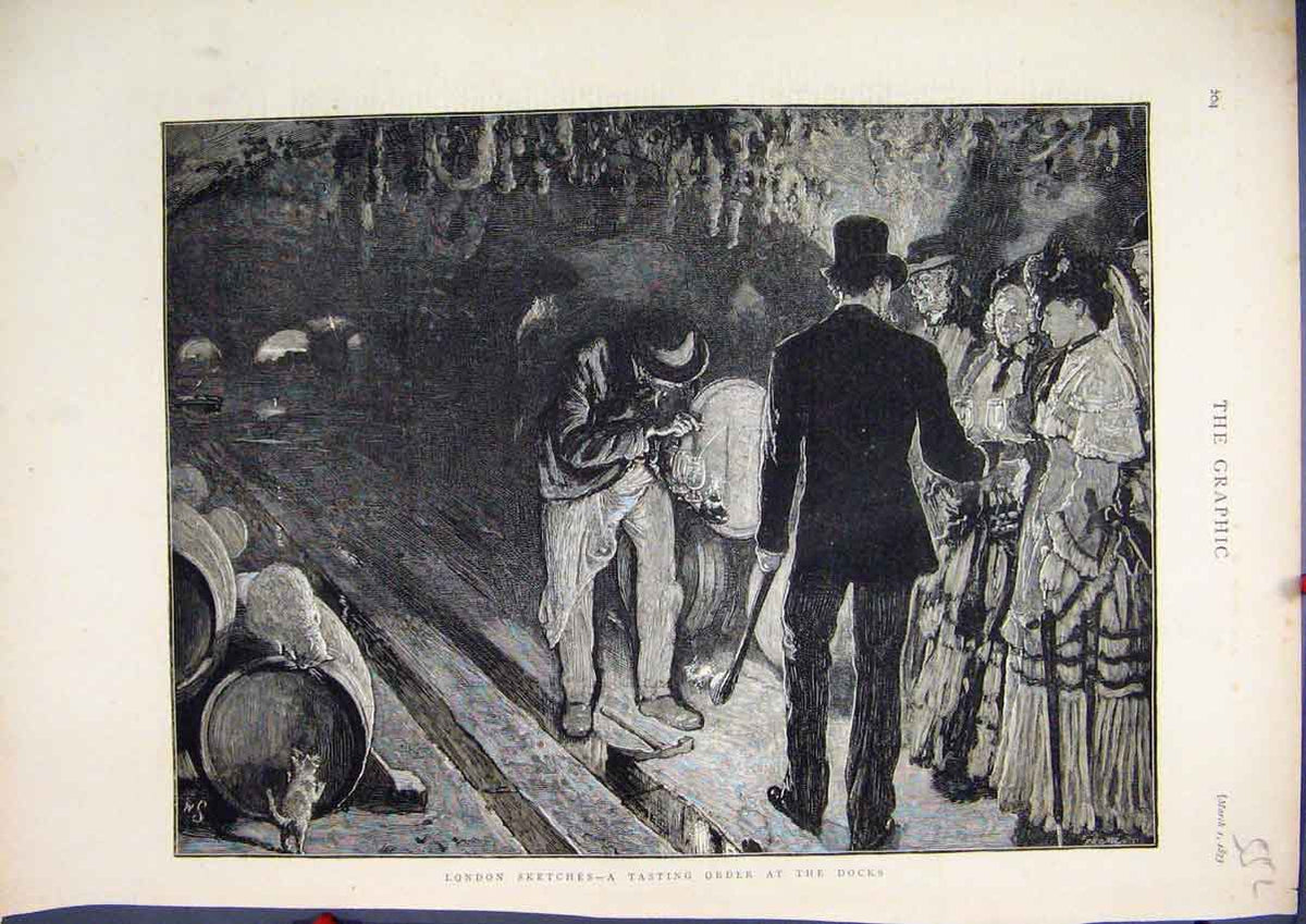 Original Old Antique Print 1873 London Sketches Tasting Wine Dockyard Fine Art