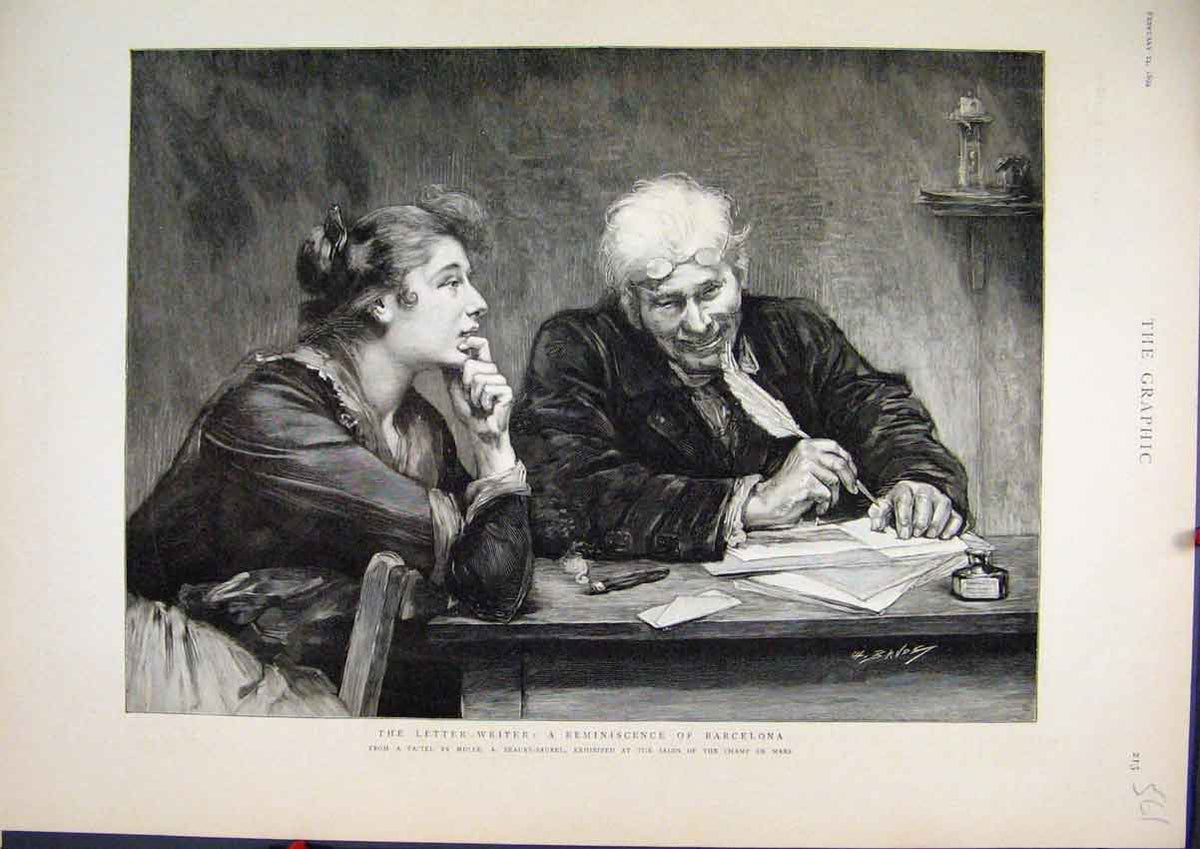 Old Antique Print 1894 Letter Writer Man Reminiscence Barcelona Fine Art 19th