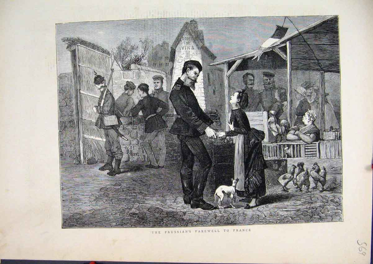 Original Old Antique Print 1872 Prussian Farewell France Street Scene Victorian