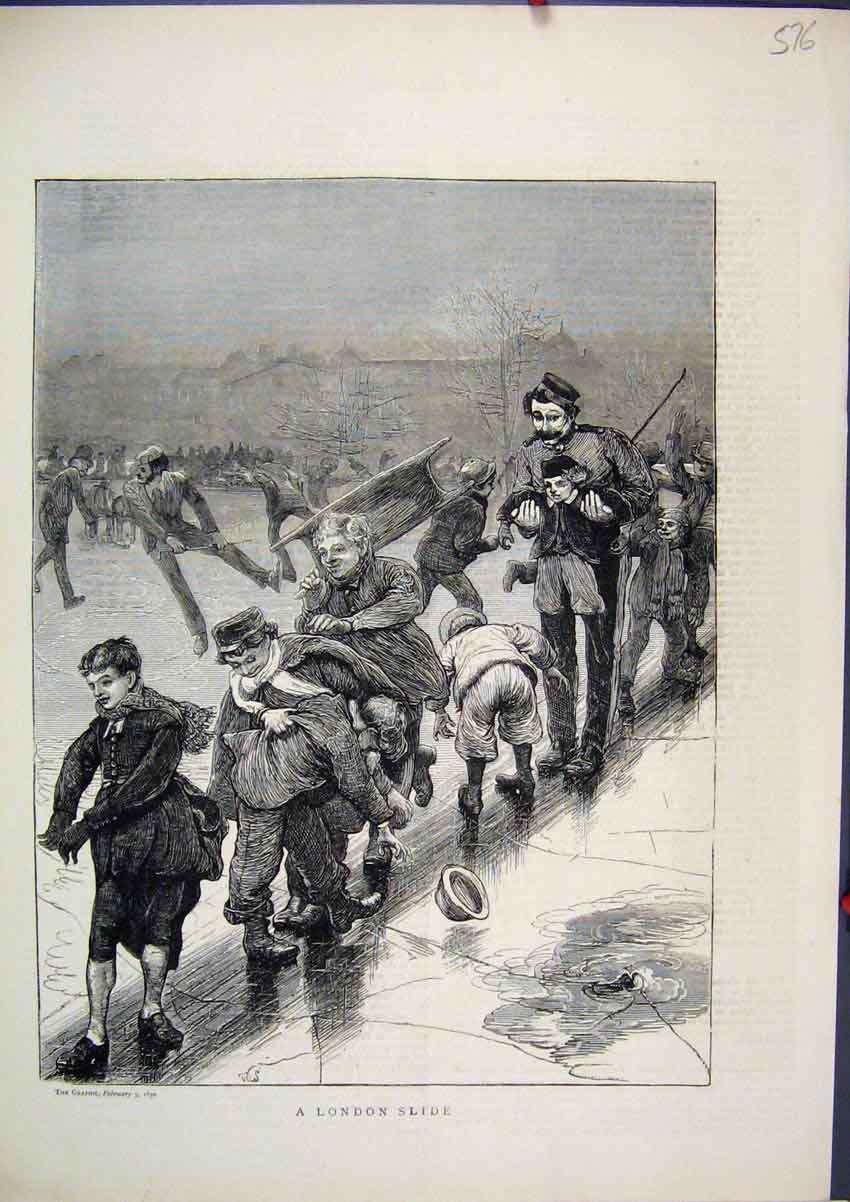 Original Old Antique Print 1870 Children Playing Ice Slide Skating London Snow
