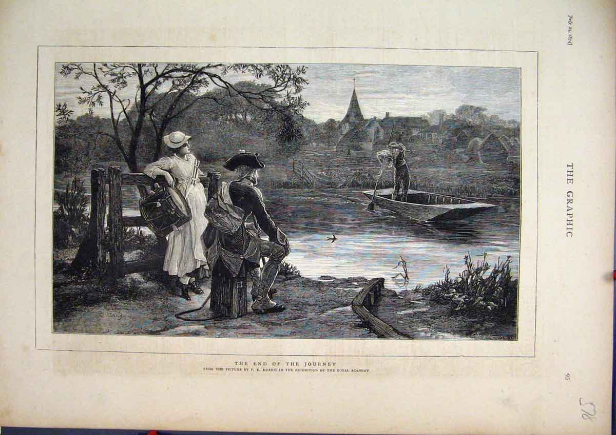 Original Old Antique Print River Scene Man Boat Woman Drums Music Fine Art 1874