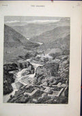 Original Old Antique Print 1884 Scene Baths Cauquedes Chili Mountains River