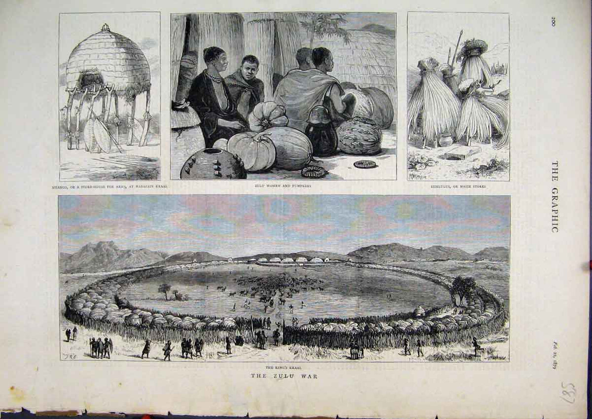 Original Old Antique Print Zulu War Kings Kraal Myango Arms Women Pumpkins 1879