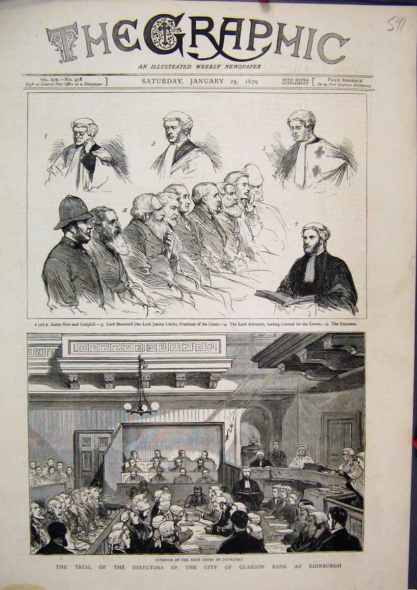 Old Antique Print Trial Directors Glasgow Bank High Court Justiciary 1879 19th