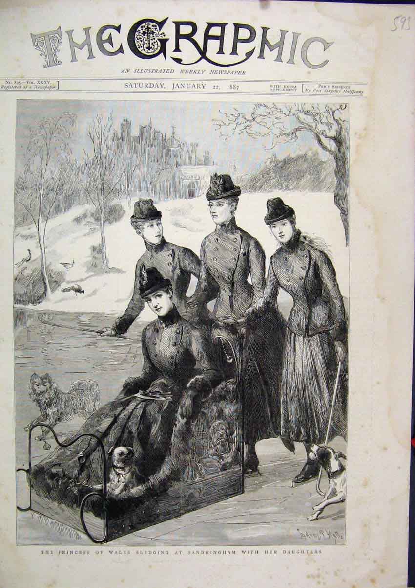 Original Old Antique Print 1887 Princess Wales Sledging Sandringham Daughters