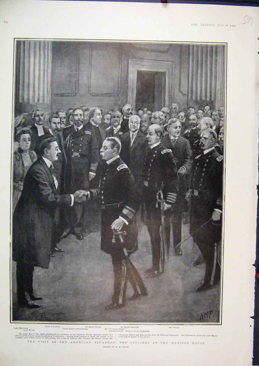 Original Old Antique Print 1903 Visit American Squadron Officers Mansion House