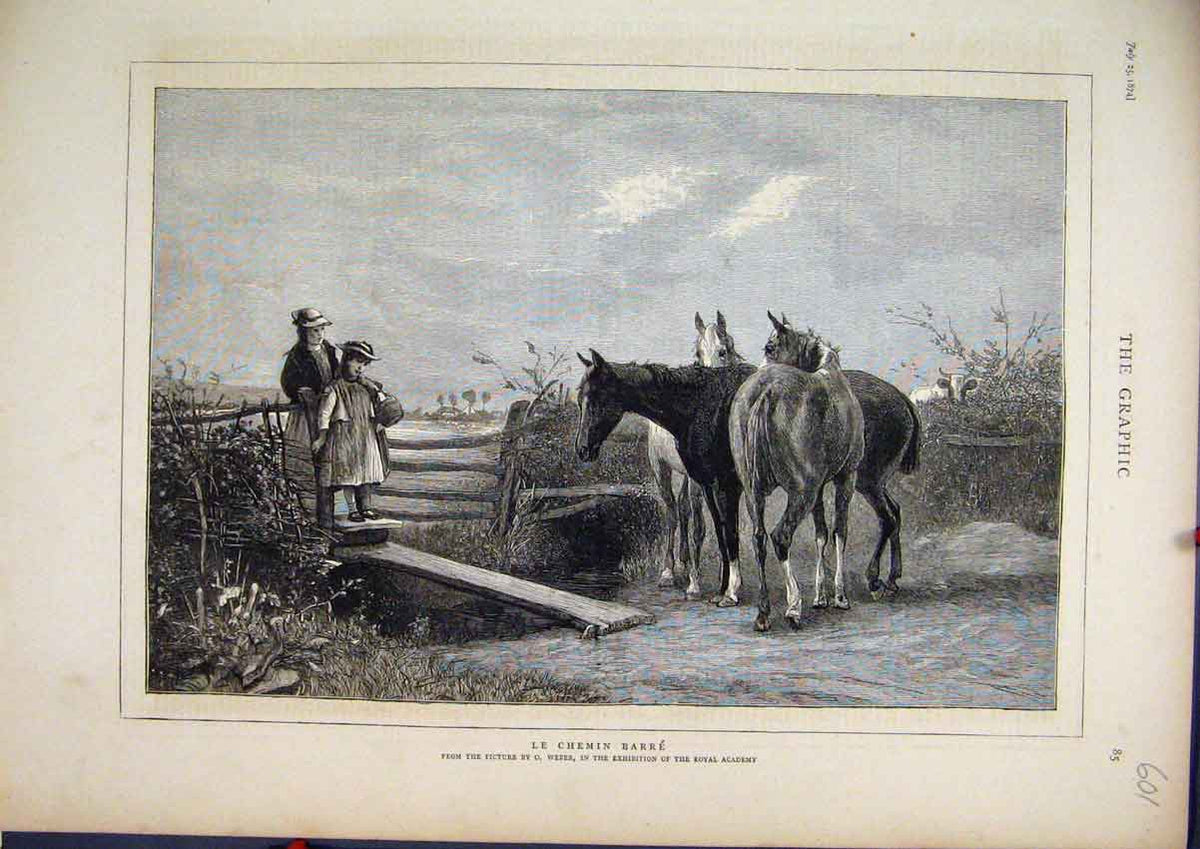 Original Old Antique Print Little Girls Footbridge Horses Country Scene 1874
