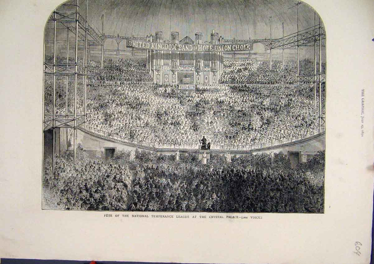 Original Old Antique Print 1872 Fete National Temperance League Crystal Palace
