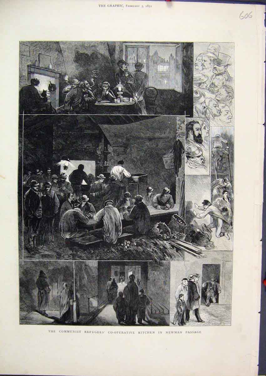 Original Old Antique Print Communist Refugees Co-Operative Kitchen Newman 1872