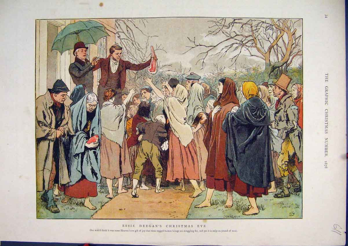 Old Antique Print 1878 Colour Scene Essie Deegan Christmas Eve Poor Meat 19th