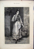 Original Old Antique Print Woman Doorway Basket Violets Primroses Fine Art 1874