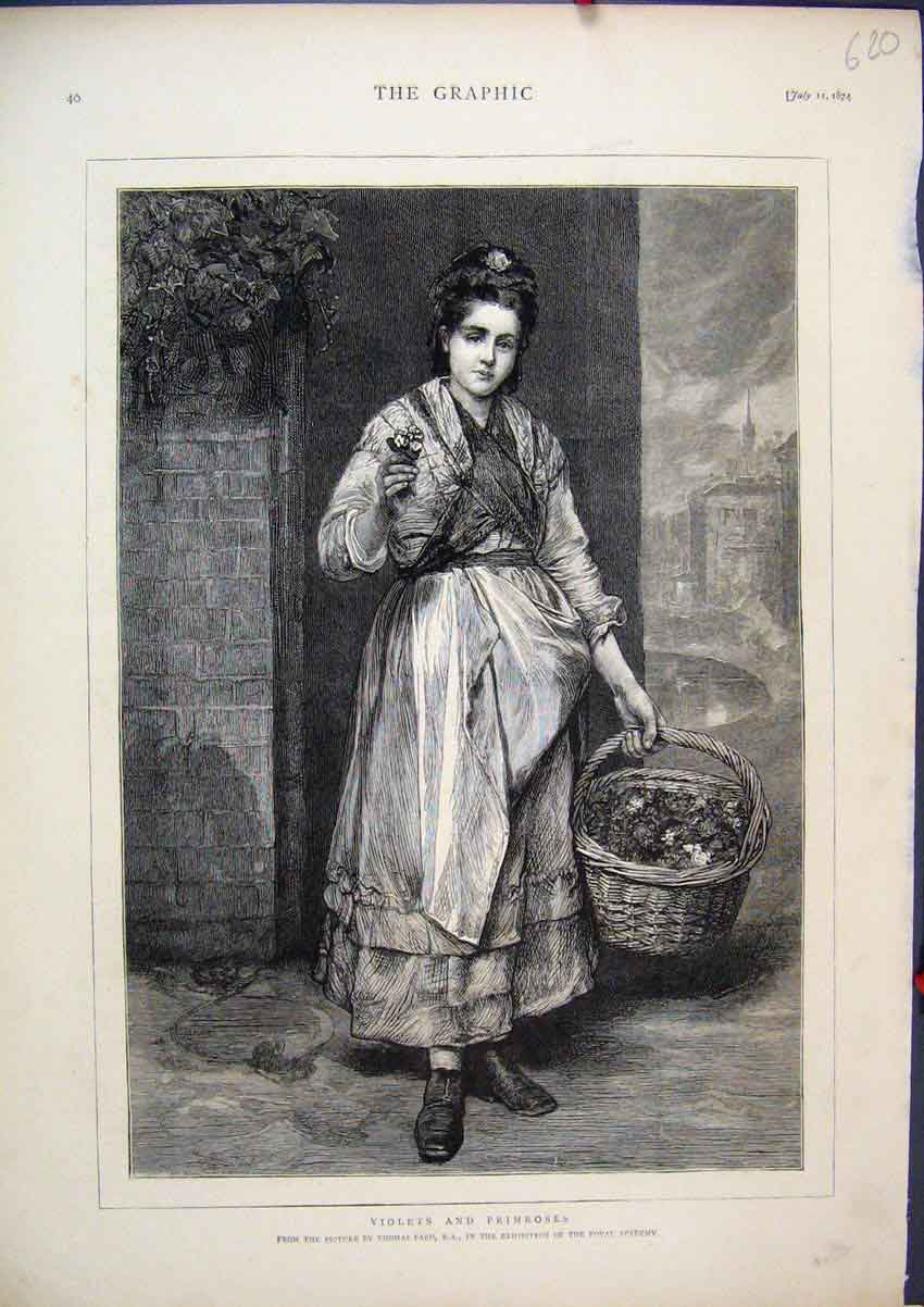 Original Old Antique Print Woman Doorway Basket Violets Primroses Fine Art 1874