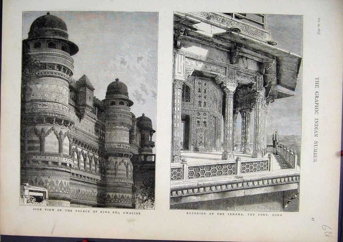 Original Old Antique Print View Palace King Pal Gwalior Zenana Fort Agra 1875