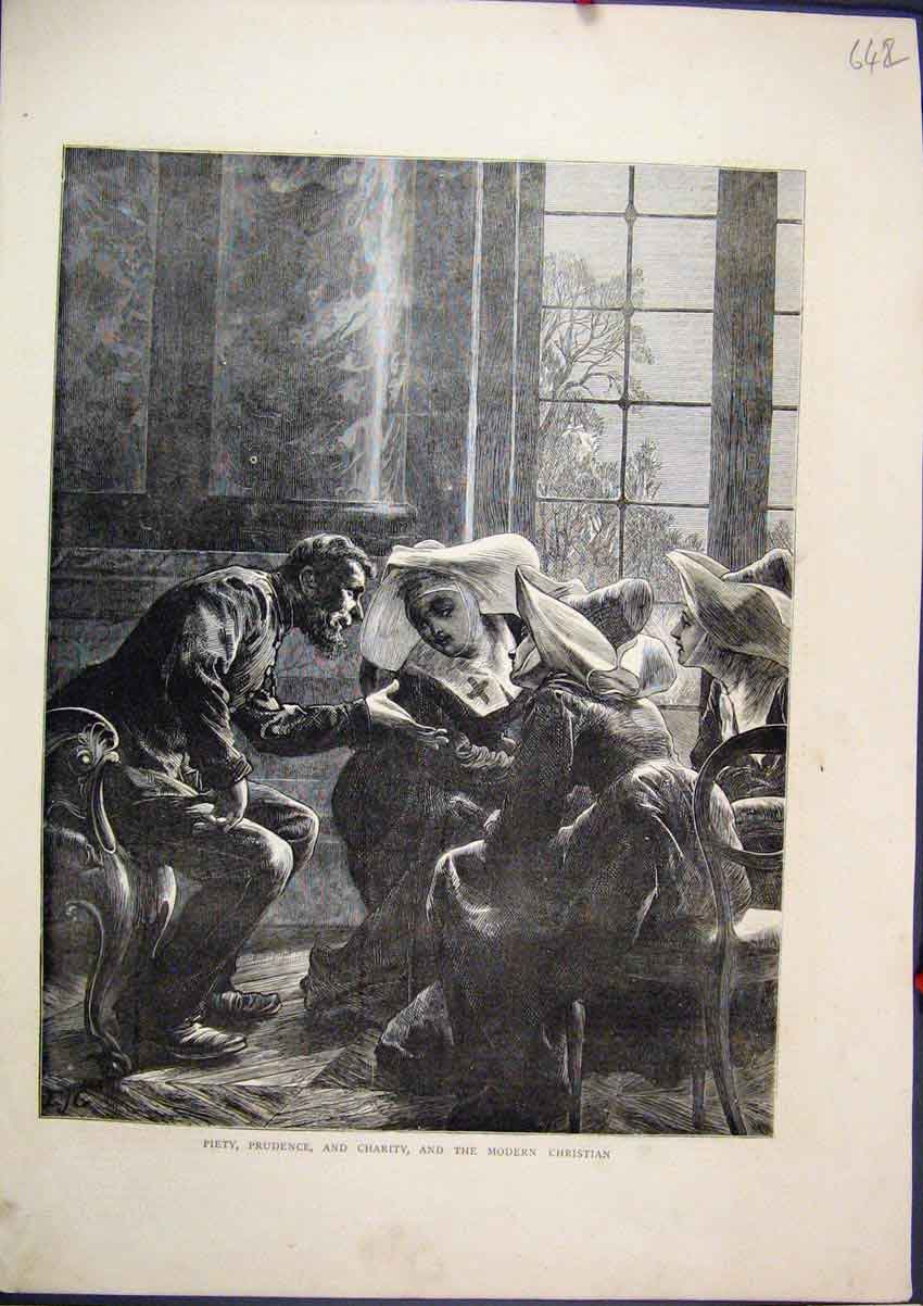 Original Old Antique Print 1871 Piety Prudence Charity Modern Christian Nuns