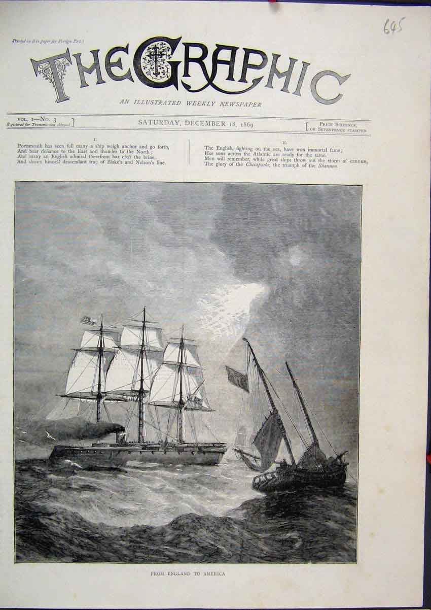 Original Old Antique Print Ships Travelling Stormy Sea England America 1869