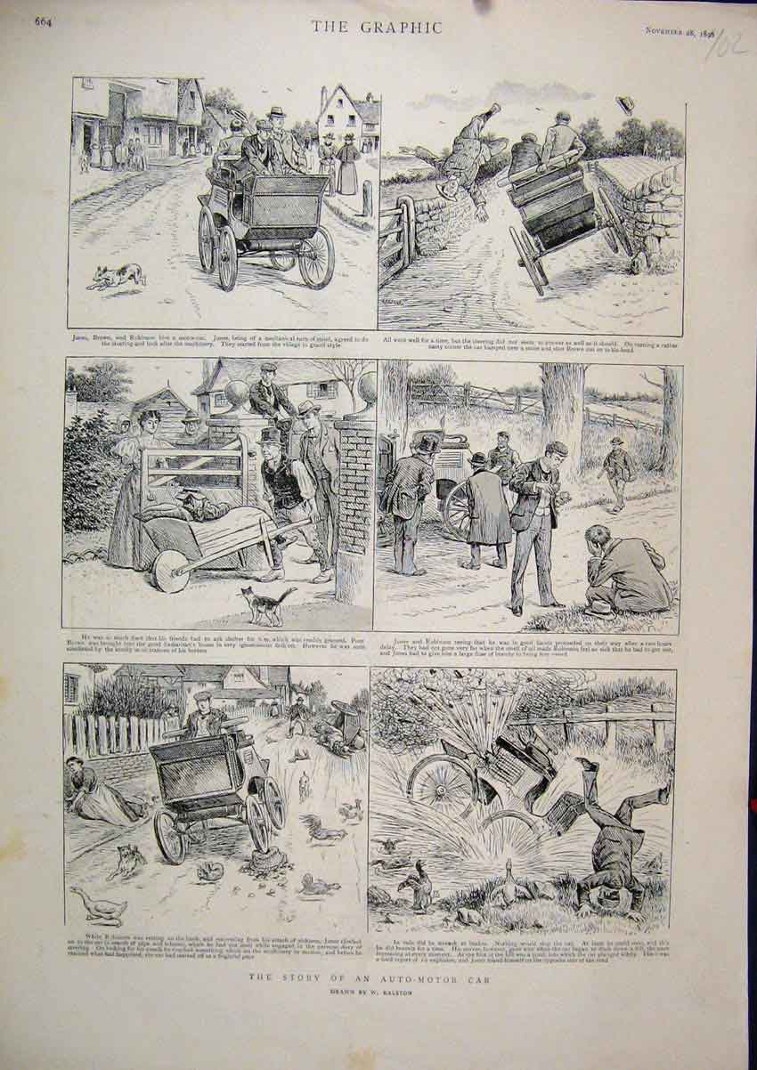 Original Old Antique Print 1896 Comedy Sketches Story Auto0Motor Car Ralston
