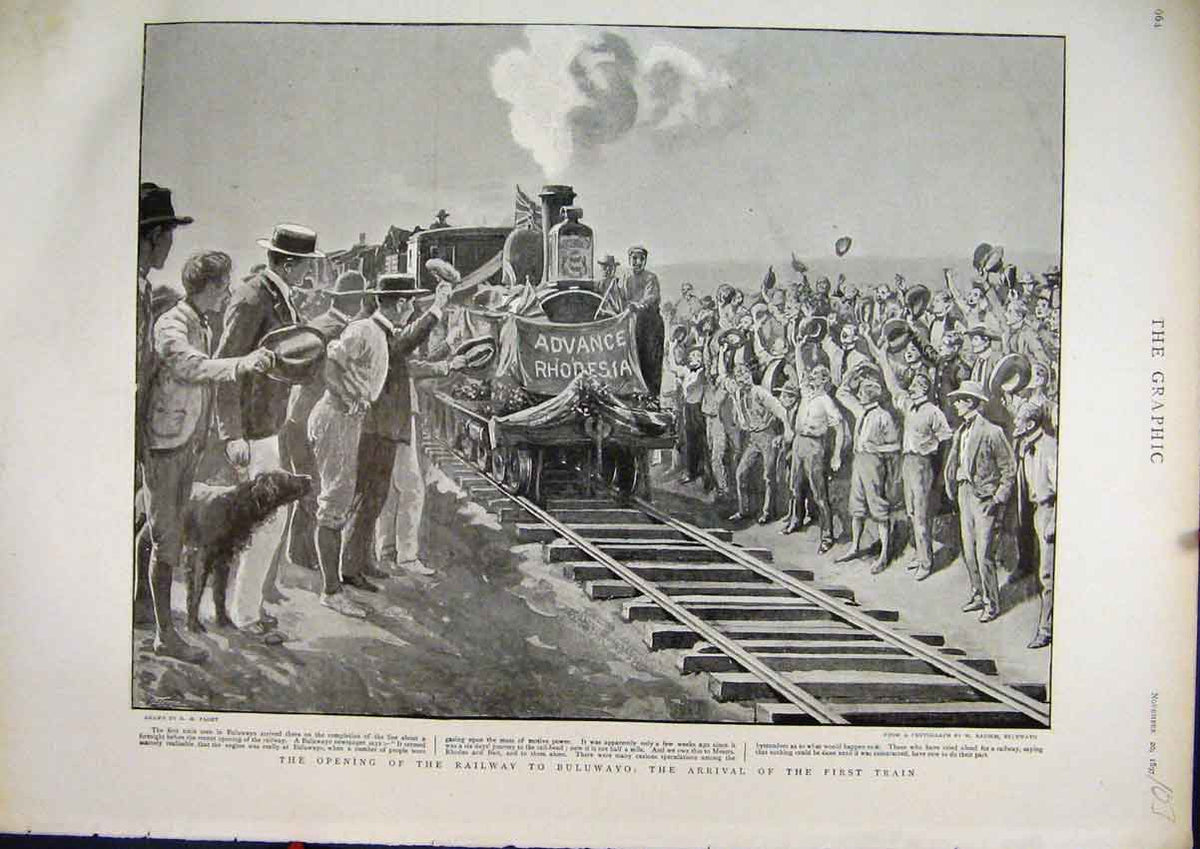 Original Old Antique Print 1897 Opening Railway Buluwayo Arrival First Train