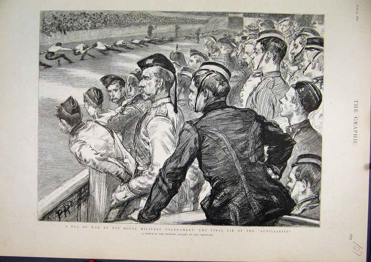Original Old Antique Print 1894 Tug War Military Tournament Auxiliaries Sketch
